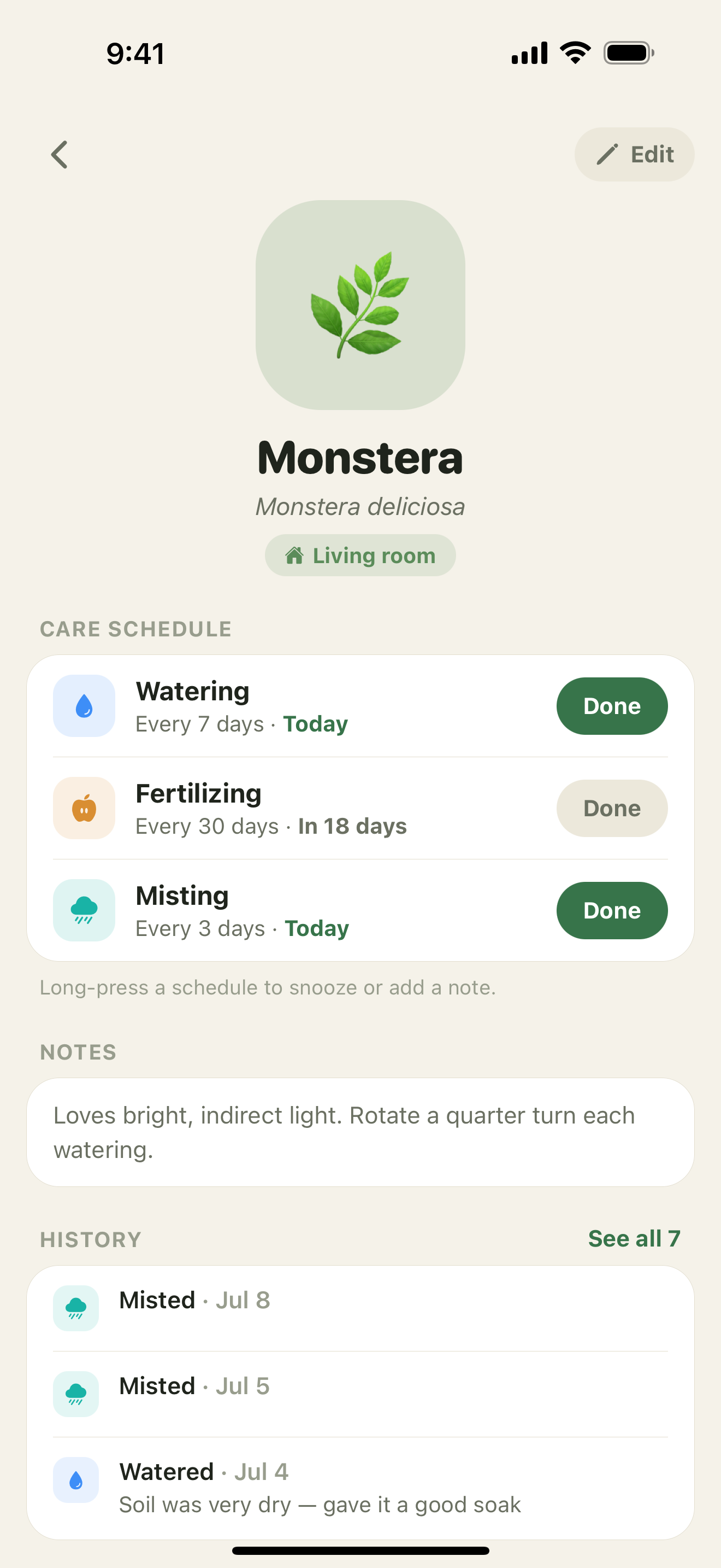 Sproutly screenshot: Plant detail — photo, schedules, and notes