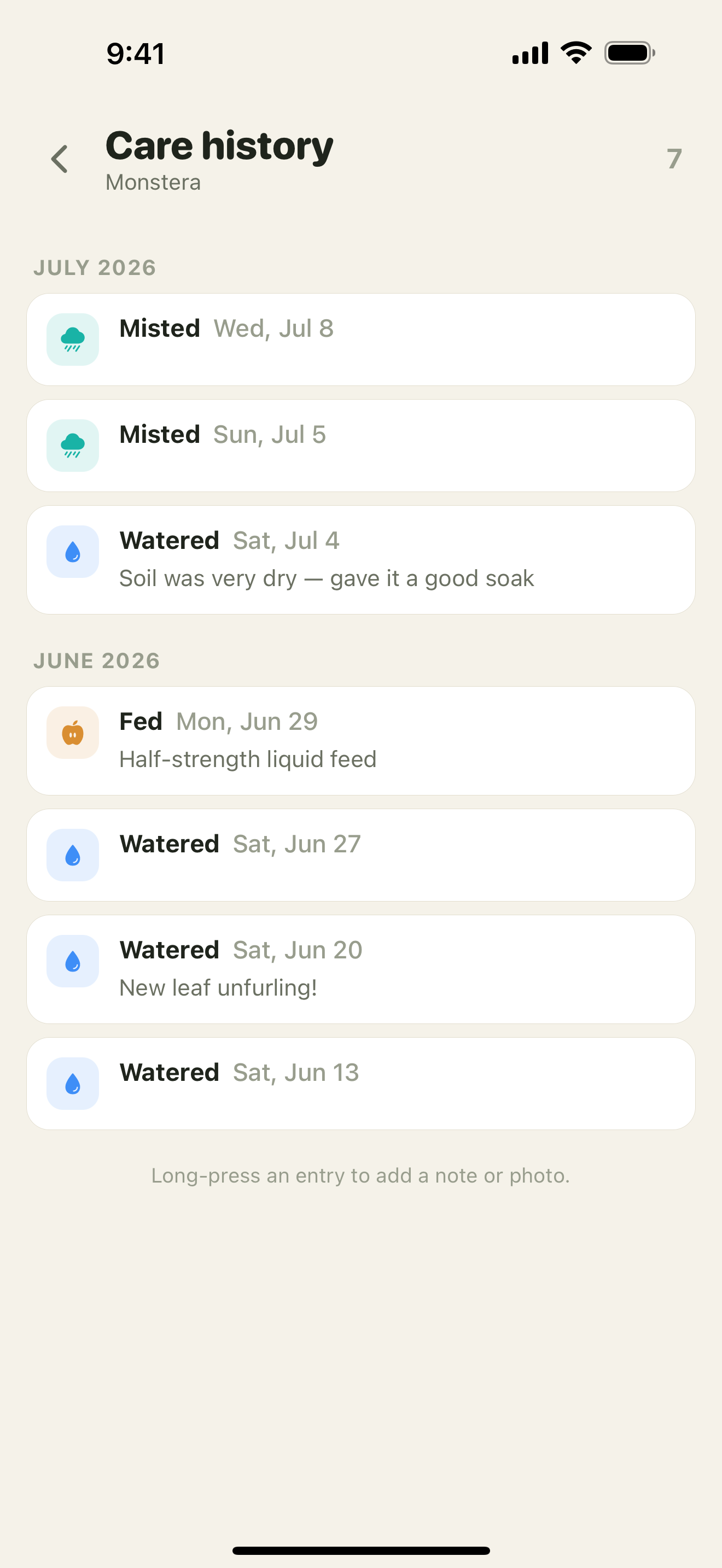 Sproutly screenshot: Care journal — completed tasks with notes and photos