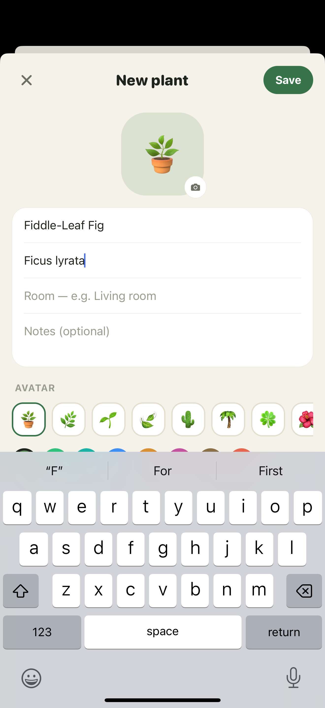 Sproutly screenshot: Adding a plant with photo, room tag, and schedule